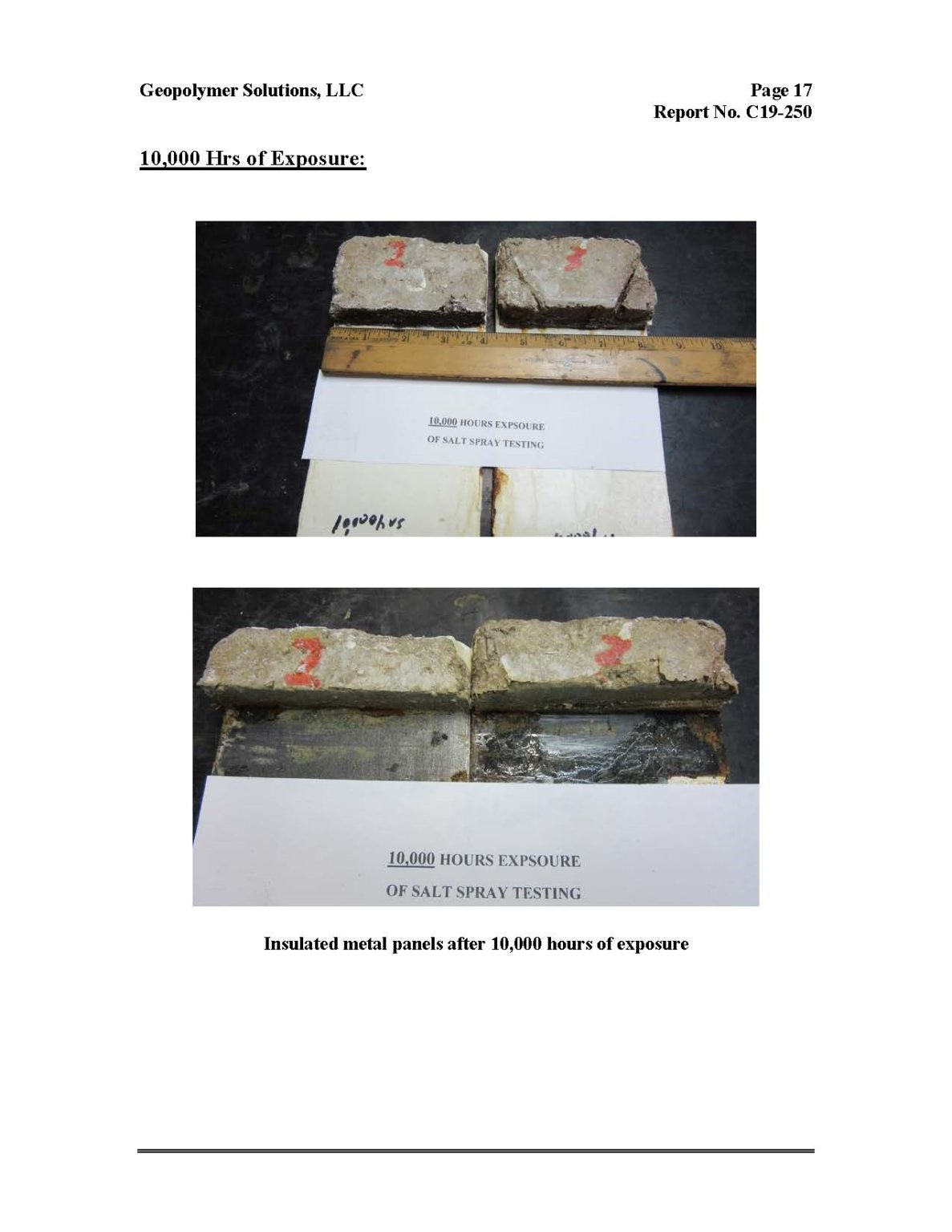 Two metal panels with corrosion after 10,000 hours of salt spray testing